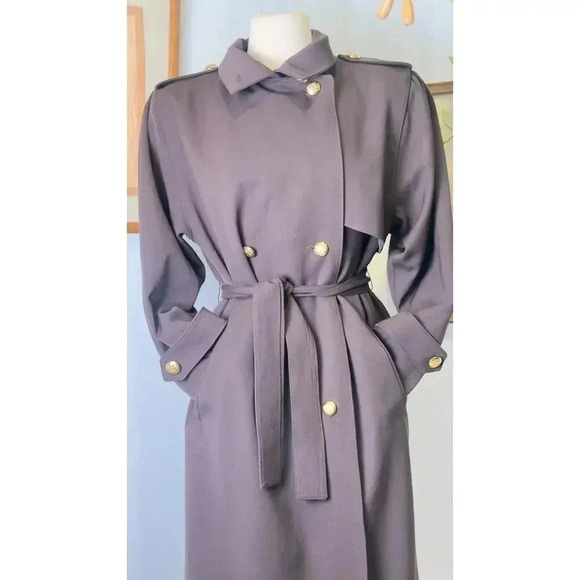 Vintage Larry Levine Gold Button Double-Breasted Brown 80s Trench Coat Size 4 - Picture 3 of 8